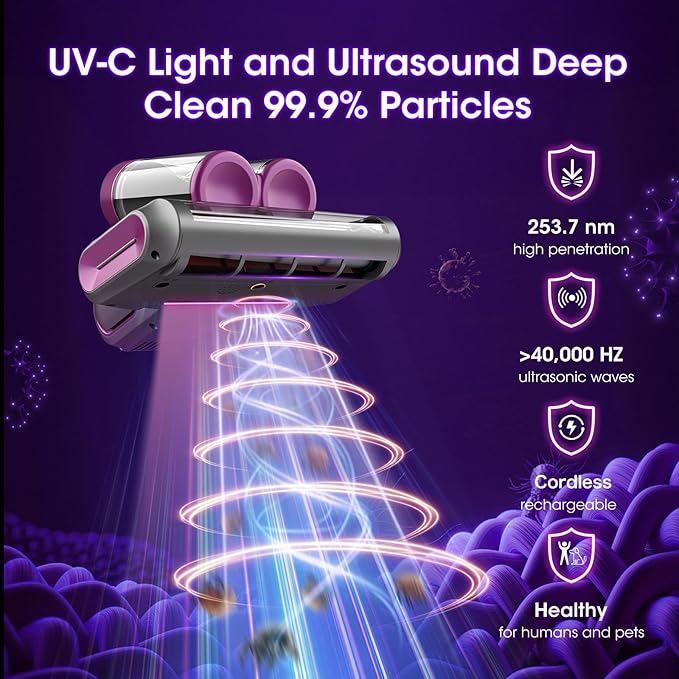 Bed Mattress Vacuum Cleaner Cordless 16Kpa Handheld Vacuum, Vacuum Cleaner with 253.7nm UV-C Light,HEPA Filter & Ultrasonic, Portable Vacuums for Sofa Bed Couch Crib Gifts for Women her Man