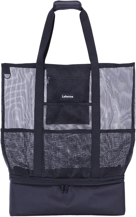Leberna Large Beach Bag with Zipper Lightweight Beach Toy Bag Mesh Bag for Swimming Pool Sand Toys