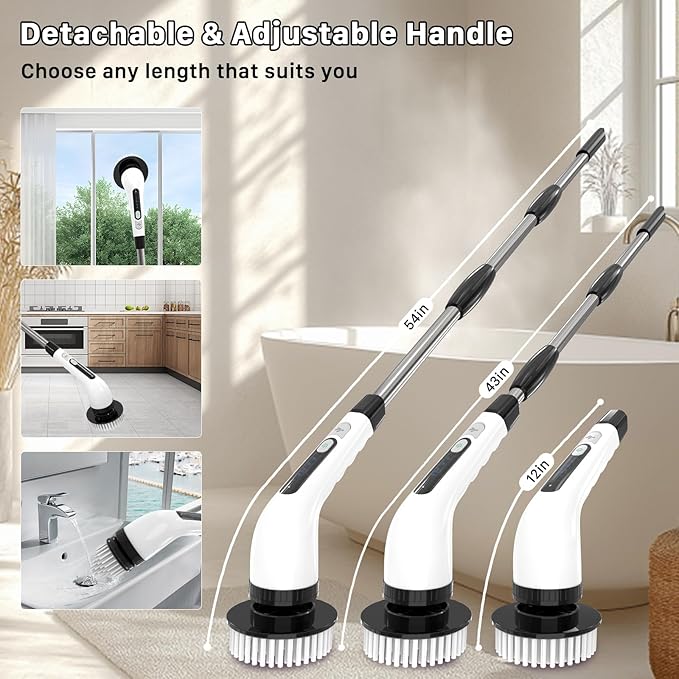 Electric Spin Scrubber, Cordless Cleaning Brush with 7 Replaceable Heads Brush, Power Scrubber with 12 & 54in Extendable Handle, 2 Speed 400RPM Shower Scrubber for Bathroom, Tub, Tile, Floor, Car