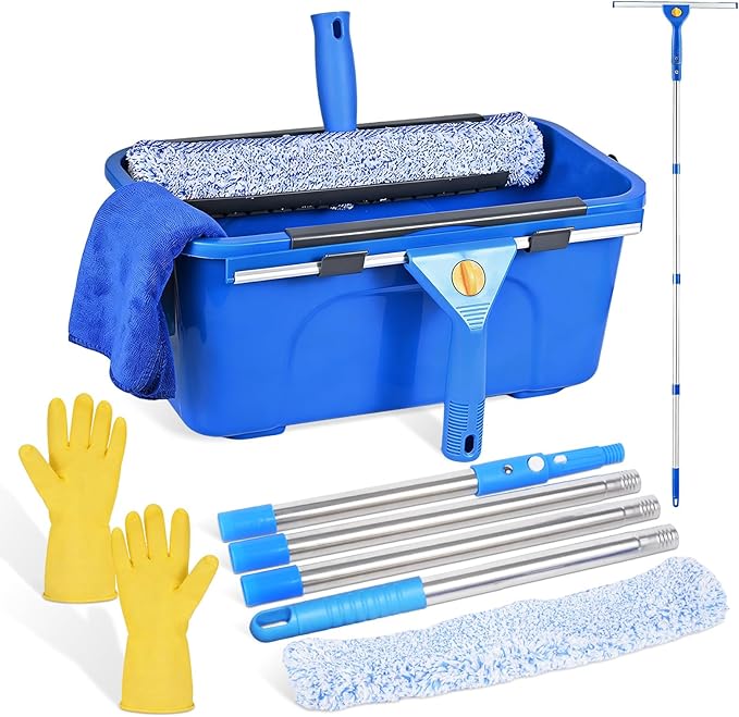 Professional Window Cleaning Kit, Window Washing Kit with 3 Gallon Bucket, 14-Inch Squeegee & 15-Inch Scrubber, 61-Inch Extendable Pole, Window Cleaning Equipment for Home & Commercial (61 inch)