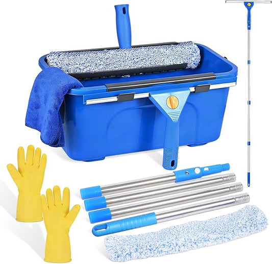 Professional Window Cleaning Kit, Window Washing Kit with 3 Gallon Bucket, 14-Inch Squeegee & 15-Inch Scrubber, 61-Inch Extendable Pole, Window Cleaning Equipment for Home & Commercial (61 inch)