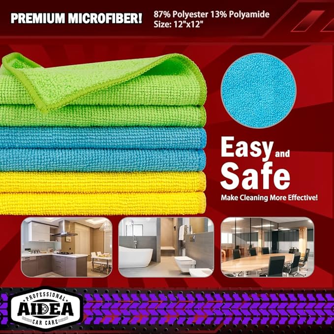 AIDEA Microfiber Cleaning Cloth, 200PK, Microfiber Towels for Cars, Shop Towels Cleaning Rags, Premium Wash Cloths, Absorbent Towel for SUVs, House, Kitchen, Window, Cleaning Supplies 12×12"