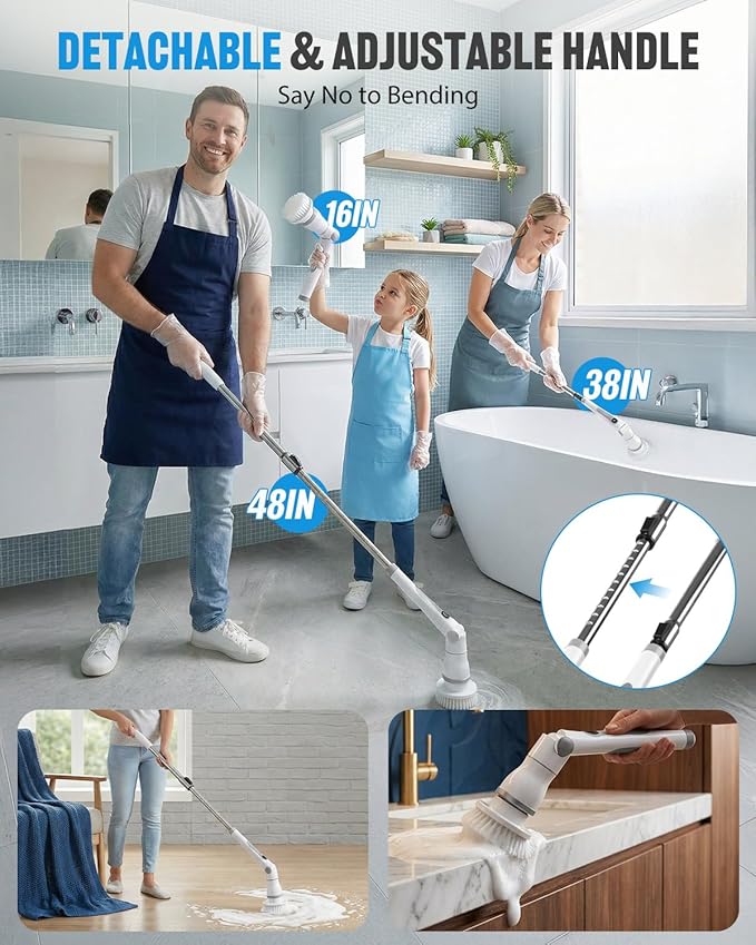 Cordless Electric Spin Scrubber, 4 Angles with 8 Replaceable Brush Heads, Adjustable Handle 3 Speeds with LED Display-90Mins Runtime, IPX7 Waterproof Scrubber Cleaner Brush for Bathtub Bathroom