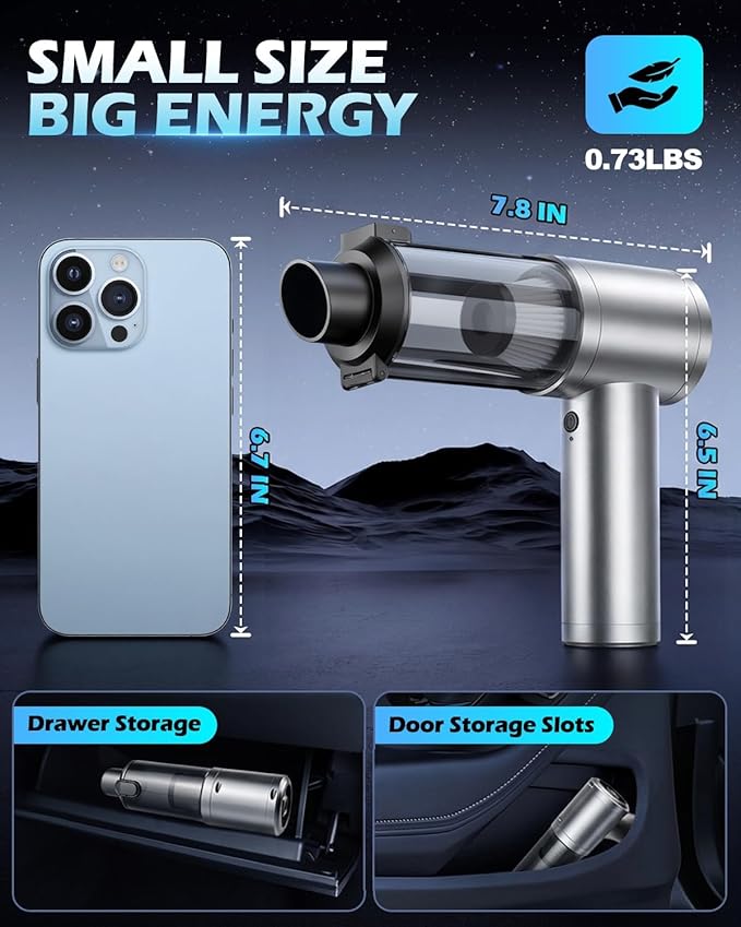2026 Upgraded Handheld Car Vacuum, Cordless Car Vacuum Cleaner with 15000Pa Strong Suction, Brushless Motor & Filter, 7-in-1 Cleaning Kit, Type-C Charging for Home Office Car Pet (Silver)