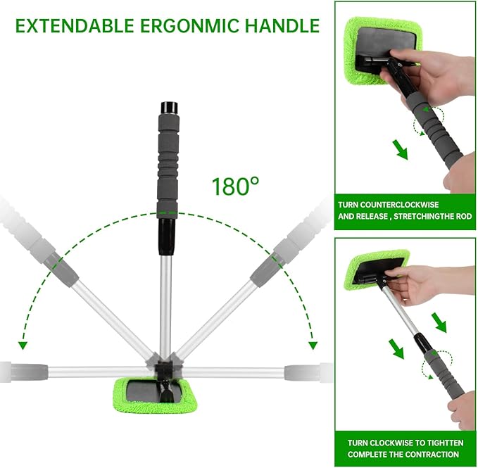 XINDELL Windshield Cleaner Tool – Car Window Cleaning Tool Extendable Handle for Easy Cleaning, 9pcs Reusable Microfiber Pads, Streak-Free Interior & Exterior Auto Glass Cleaner (Green)
