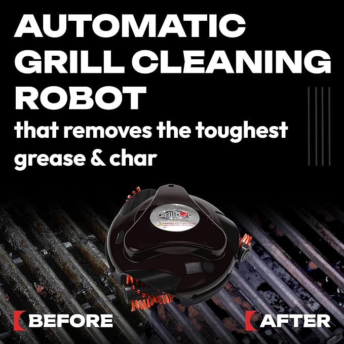 Grillbot Automatic Grill Cleaning Robot with Nylon Brushes, Electric BBQ Cleaner Brush with Motorized Power, Cordless Rechargeable Grill Scrubber for Outdoor Grills (Red and Case)