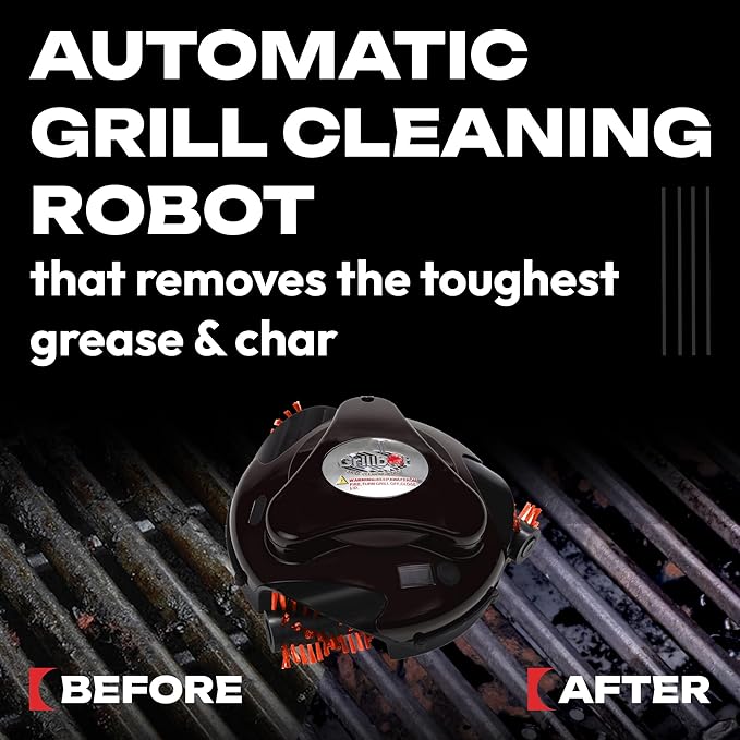 Grillbot Automatic Grill Cleaning Robot with Nylon Brushes, Electric BBQ Cleaner Brush with Motorized Power, Cordless Rechargeable Grill Scrubber for Outdoor Grills (Black and Case)