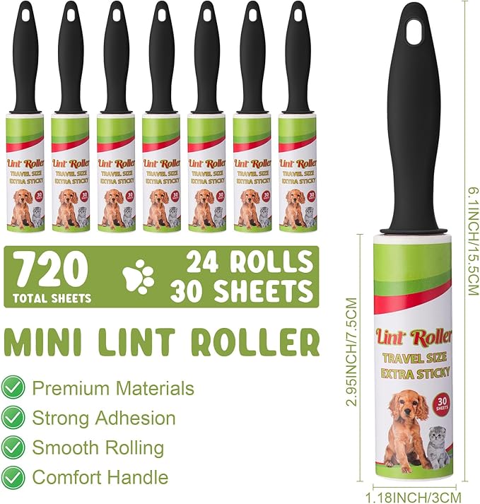 Hushee 24 Pcs Mini Lint Roller for Travel Small Lint Removers Bulk for Pet Hair and Clothes Small Size Removers Portable Sticky Removing Tool for Cleaning Furniture Dog Car Seat