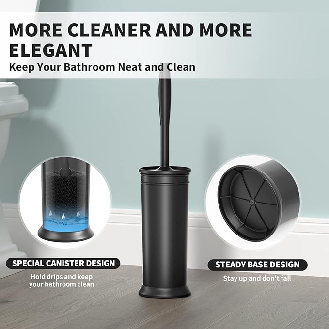 Toilet Brush, Toilet Bowl Brush with Extra Long Handle Durable Bristles Toilet Scrubber and Covered Holder for Toilet Brush Set for Bathroom Cleaning (Black, 1 Set)