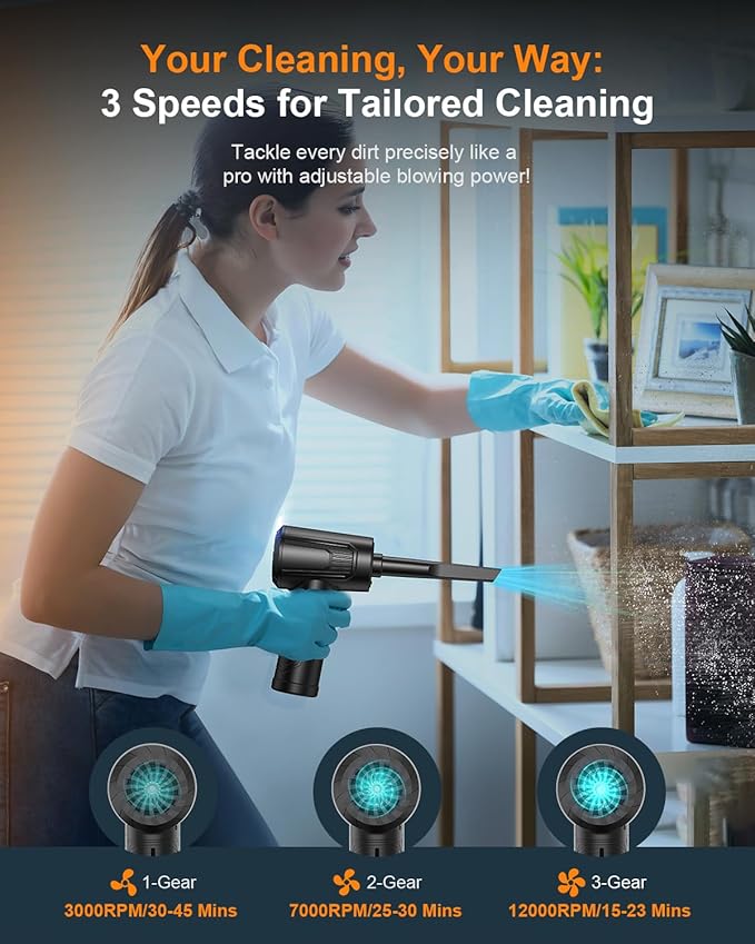 11-in-1 Compressed Air Duster-3-Gear Adjustable 120000 RPM Electric Air Duster with LED Light, Reusable no Canned Keyboard Cleaner for Office, 9000mAh Cordless Air Duster for Computer/Car/Home (Black)