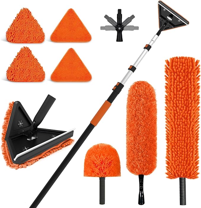 SISUPASSIE 30FT Reach Duster Cleaner Kit, Dusters for Cleaning with Extension Pole, Baseboard & Wall and Window Cleaner Mop for Fan Blades, High Ceiling and Cobweb