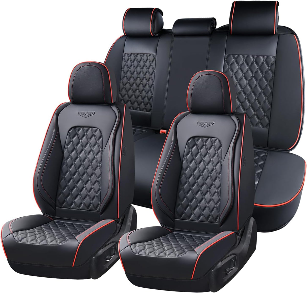 Full Set Car Seat Covers, Luxury Faux Leather Waterproof Seat Covers, 5-Seat Universal Fit, Front & Back Car Seat Protectors,Leather Seat Covers for Most Cars-Black & Red Line