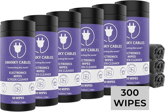 Swanky Cables Screen Cleaner Wipes: Electronic Wipes for Screens - Computer Screen Wipes for Lens, Phone, Tv Screen and Monitor Cleaning - Tech Wipes & Microfiber Cloth (Canister, 300 Count)