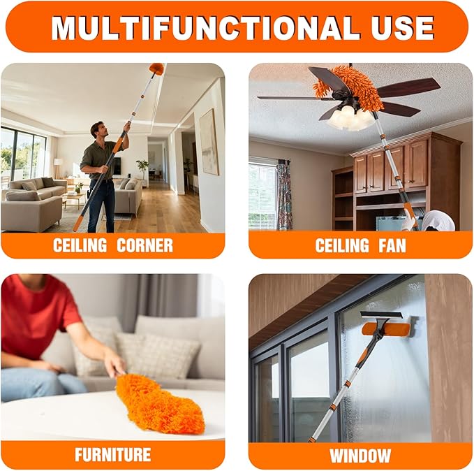 SISUPASSIE 36FT Reach High Ceiling Duster Kit, Window Cleaning kit with 7-30FT Extension Pole, Fan Duster for Ceiling Fan Blades, Microfiber Feather Duster, Rotatable Window Squeegee and Cobweb Duster