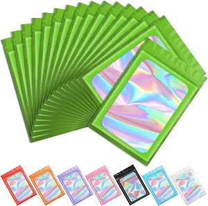 Funfery 100pcs Mylar Holographic Bags-Resealable Zipper&Clear Window (Green, 4 x 6 Inch)