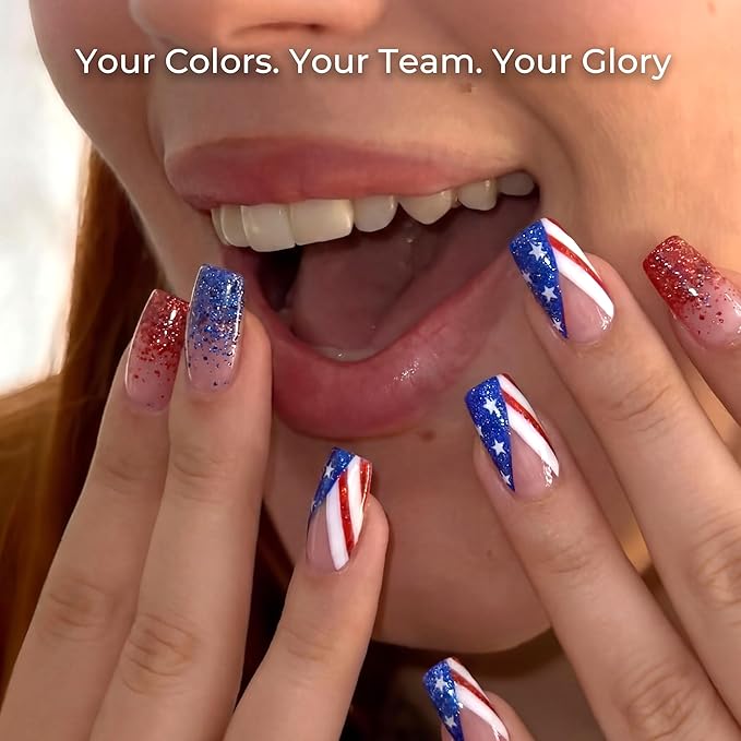 Nail Polish Strips, 32PCS Salon Quality Wraps, Long Lasting Gel Nail Stickers for Women Easy Apply& Remove (Red White and Blue)