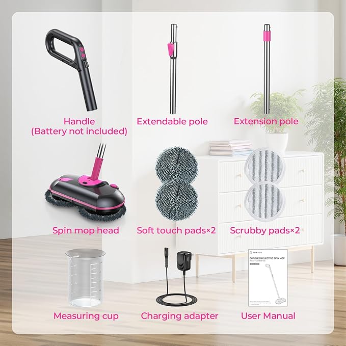 Cordless Electric Mop, Electric Spin Mop with Water Sprayer, Powerful Floor Cleaner, 300ml Tank Self-Propelled for Hardwood & Tile, Adjustable Handle, 2500mAh Long-Lasting Battery, Pink