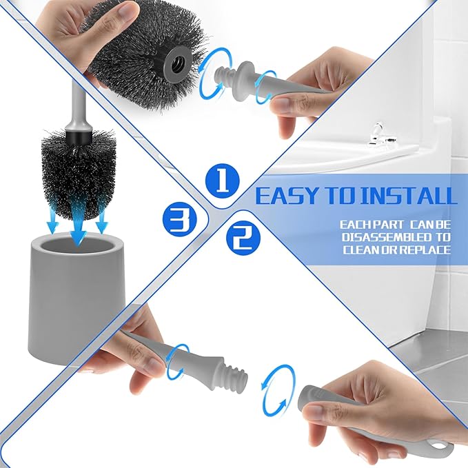 Toilet Brush and Holder 3 Pack with Long Handle - Non-Slip Grip Toilet Bowl Brush Set for Deep Cleaning Bathroom, Toilet Scrubber- Gray