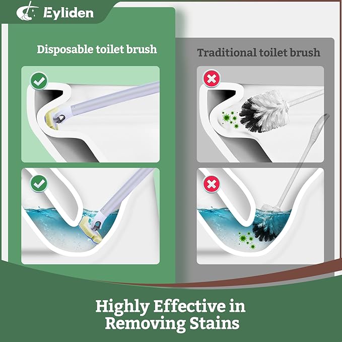 Eyliden Disposable Toilet Brush Kit with 40 Refills, Lightweight Toilet Bowl Wand, Hands-Free Scrubber with Auto-Open Caddy, Perfect for Bathrooms, RVs & Apartments, White