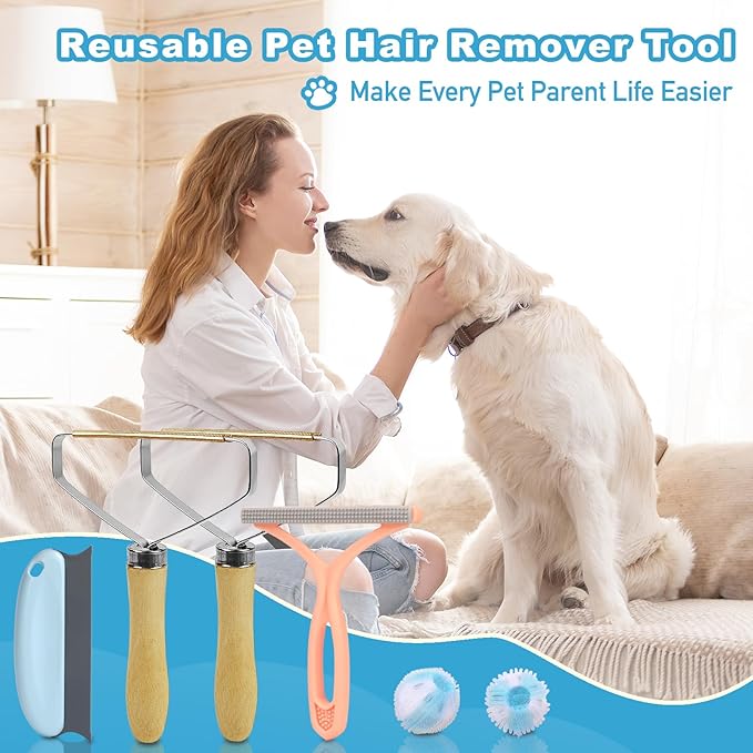 Pet Hair Removal Tool: 6 Pcs Dog Cat Hair Remover - Reusable Pet Hair Remover with Laundry Pet Hair Catcher - Portable Carpet Rake Scraper Fur Removal Tool for Rugs Car Mats Couch Furniture