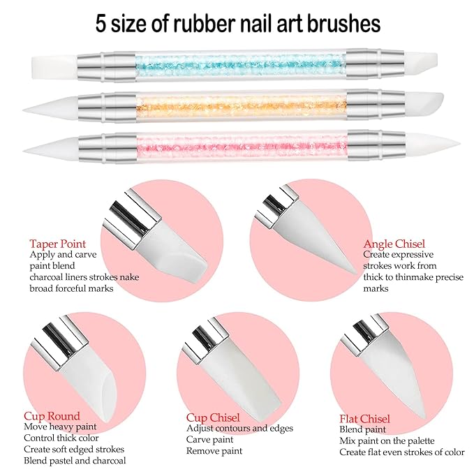 11PCS Nail Art Brush Set with Nail Dust Brush, Double-Ended Silicone Nail Art Tools for Acrylic Nails, Carving, Painting, Line Drawing, DIY Salon Manicure