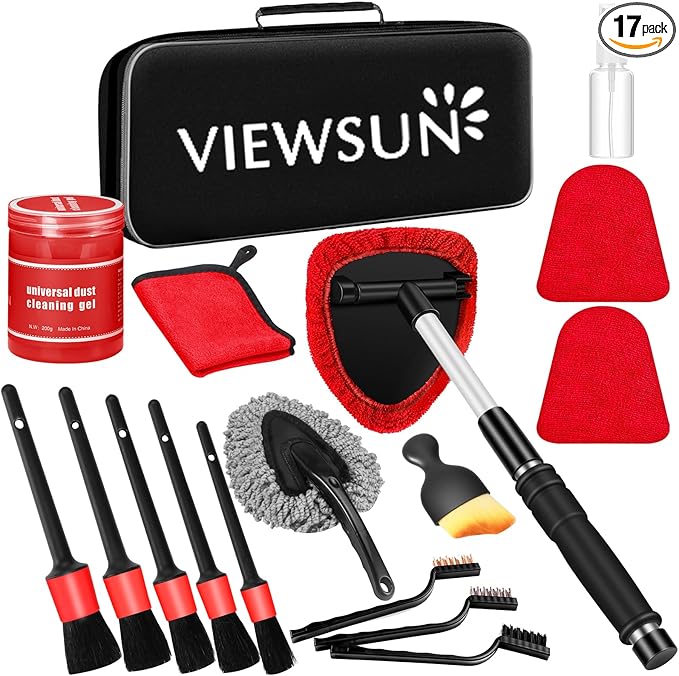 Windshield Cleaner Tool, 17Pcs Red Car Interior Cleaning Kit, Car Detailing Kit Interior Cleaner, Car Detailing Brushes, Car Cleaning Gel, Inside Cleaning Supplies Accessories for Women Girls