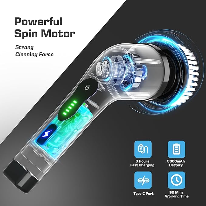 Kingwell Electric Spin Scrubber, Cordless Electric Scrubber for Cleaning with 9 Brush Heads, 2 Speeds,3 Adjustable Handle, 90Mins Work Time, Shower Scrubber for Bathroom, Tub, Floor,White