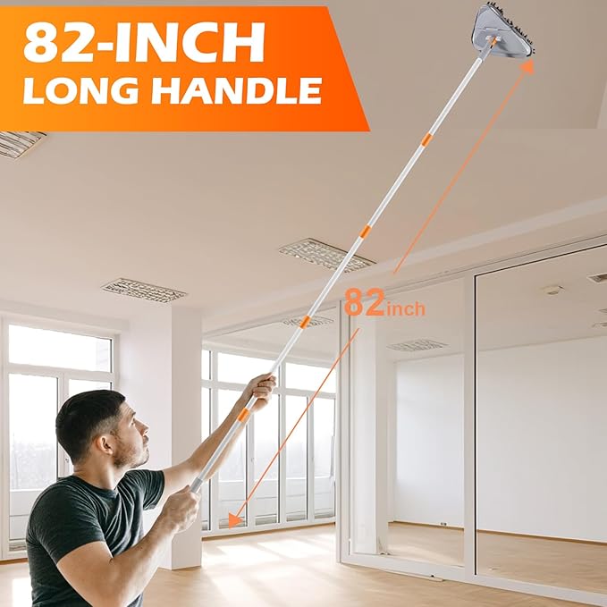 Wall Cleaner Triangle Mop with 82'' Long Handle - Wall Scrubber, Cleaning Washer Tool with 4 Microfiber Chenille Duster Pads for Clean Walls, Ceiling, Windows, Baseboards, Floors (Gray, 4 Pads)