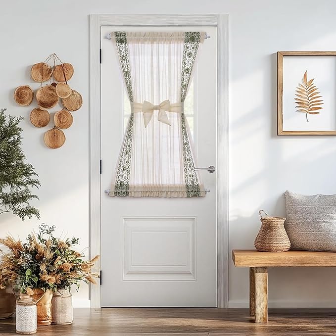 jinchan French Sheer Volie Door Curtain Embroidered Christmas Decor Farmhouse Linen Curtain for Patio Door with Tie up Bows for Door Window Closet Light Filtering 40 Inches 1 Panel Green on Beige