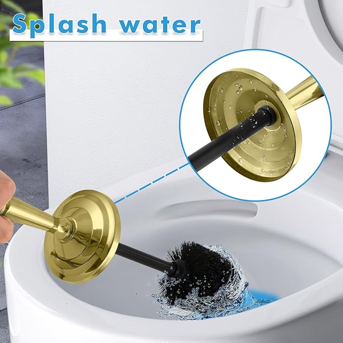 Stainless Steel Toilet Brush and Holder,Gold Toilet Bowl Brush with Long Handle for Bathroom,Toilet Brushes-Space Saving,Covered Brush, Durable, Deep Cleaning,Splash Resistant