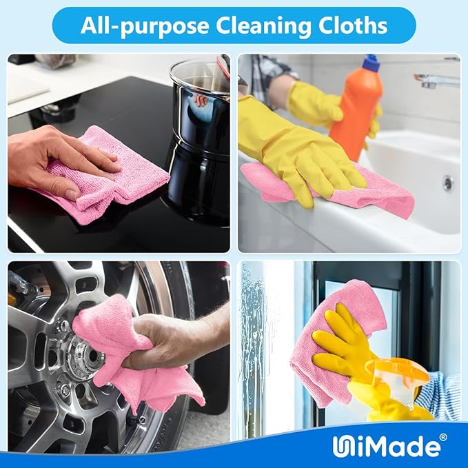 UNIMADE Microfiber Cleaning Cloth, 10 Pack Reusable Microfiber Towels for Cars Lint Free Cleaning Shop Towel Rags for Home Kitchen Automotive Bar Mechanic Restaurant Garage, 11.5"x 11.5", Pink