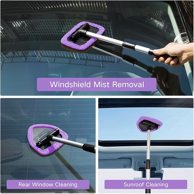 Qydipclin 11pcs Windshield Cleaner Tool, Car Window Cleaning Wash Kit with 6 Reusable Microfiber Pads 2 Spray Bottles and Extendable Handles Auto Glass Wiper Kit, Purple