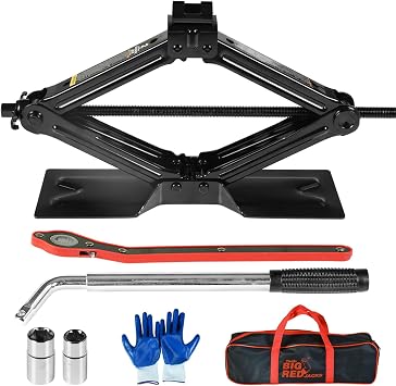Big RED Car Jack 2Ton/4409 lbs Universal Scissor Jack with Rubber Pad, Portable Tire Changing Kit with Lug Wrench, Emerg