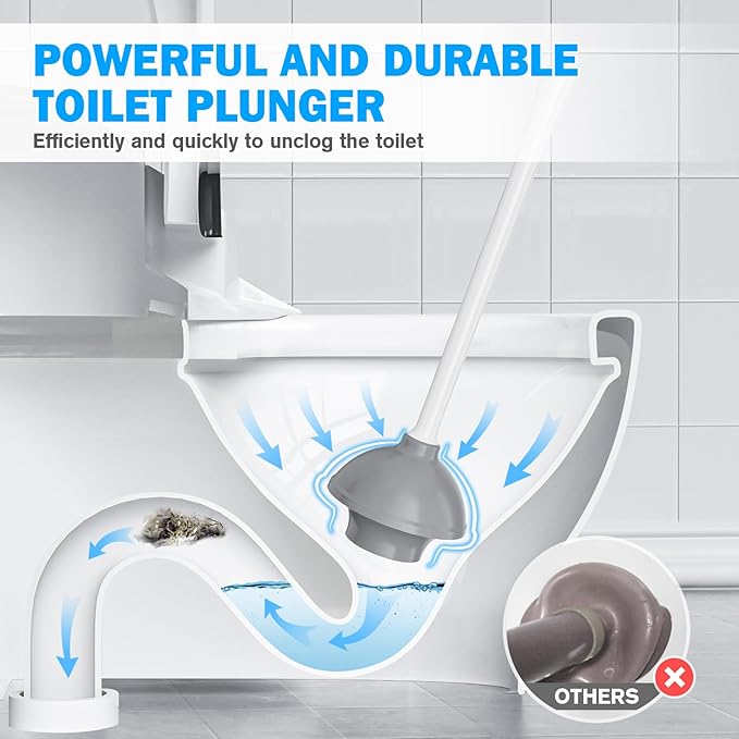 Toilet Plunger and Brush Set, Silicone Bowl Brush and Heavy Duty Toilet Plunger with Ventilated Holder, 2-in-1 Toilet Brush and Plunger Combo for 5.3-inch Toilet Drain Bathroom Deeply Cleaning