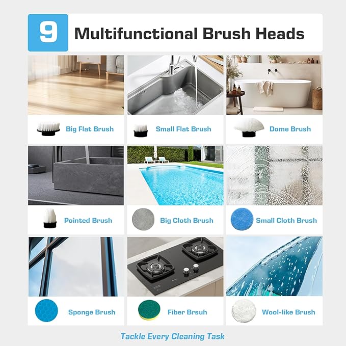 Kingwell Electric Spin Scrubber, Cordless Electric Scrubber for Cleaning with 9 Brush Heads, 2 Speeds,3 Adjustable Handle, 90Mins Work Time, Shower Scrubber for Bathroom, Tub, Floor,White