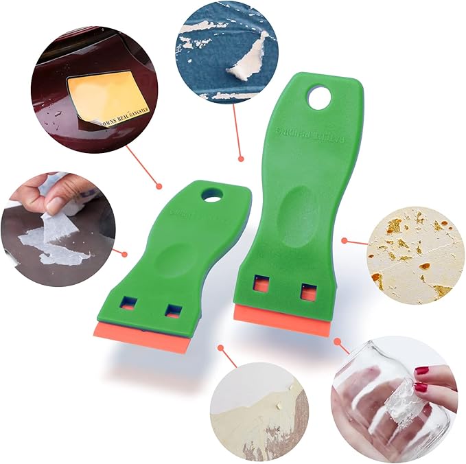 FOSHIO 2PCS Green Plastic Razor Sticker Remover Paint Scrapers with Contoured Grip + 100 PCS 1.5 inch Refillable Double Edge Plastic Razor Blades for Cleaning Adhesive Vinyl Decals Stickers Labels
