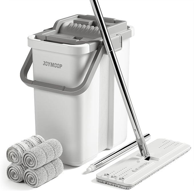 JOYMOOP Flat Mop System, Microfiber Mop and Bucket Set, White, Household & Commercial Floor Cleaning Mop with Long Handle, Hands-Free Cleaning System
