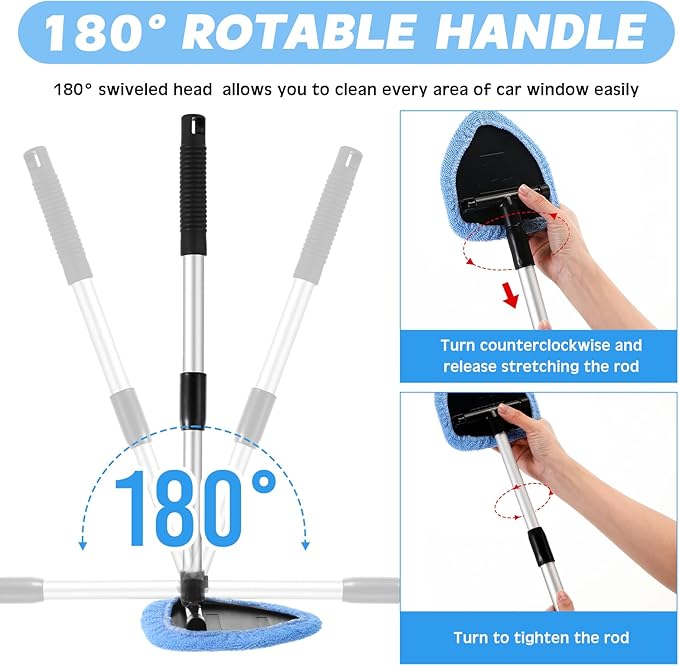 Potchen 8 Pcs Car Windshield Cleaner Tool Kit with Extendable Handle, Microfiber Towel Pads, Brush, Empty Spray Bottle for Auto Glass Wiper Suvs Rvs & Home Windows(Light Blue)
