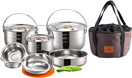 CAMPINGMOON Camping Cookware Set Stainless Steel Outdoor Nesting Cooking Mess Kit Pots Pans Bowls with Storage Carrying 