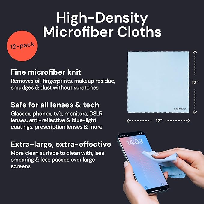 Elite Tech Gear Large Microfiber Cleaning Cloth (12-Pack) 12" x 12" - Glasses Cleaning Cloth for TV Screens, Camera Lenses and Tablets (Blue)