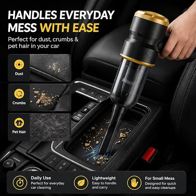 Handheld Car Vacuum Cleaner, 4-in-1 Cordless Rechargeable Mini Vacuum with Air Duster – Quickly Clean Crumbs, Pet Hair & Crevices in Car, Office, Home. Ideal for Commuters & Office Workers (Gold)