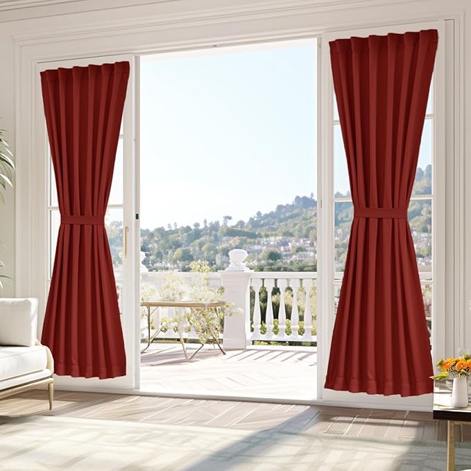 Vatge Sunlight Blocking French Door Curtain with Magic Tape - Self Adhesive Sidelight Curtains for Front Door, 1 Panel, W25 x L80, Christmas Red