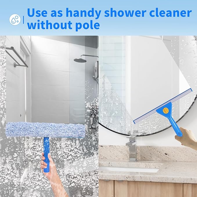 10Ft Window Cleaning Kit with Extension Pole, 14" Squeegee and 15" Scrubber with Long Handle, Window Cleaner Tool Washing Equipment for Outdoor High Windows Glass