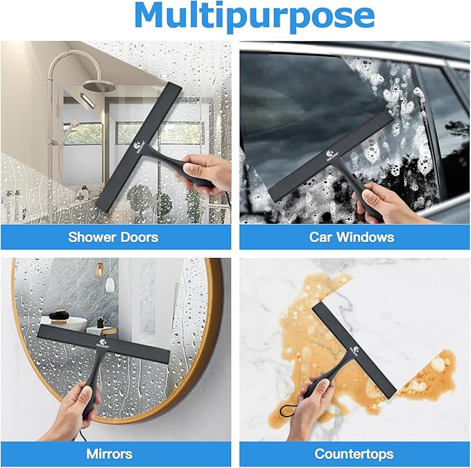 Shower Squeegee for Shower Doors with Bold Handle, 11" Anti-Rust Silicone Shower Squeegee for Shower Glass Door with Stainless Steel Inner Frame, Ergonomics All-Purpose Window Squeegee-Black