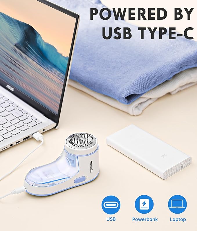 Fabric Shaver Rechargeable, Electric Lint Remover for Clothes & Furniture, Sweater Shaver & Pilling Remover, Depiller with 2 Extra Blades Included, Lint Shaver for Clothing - USB Charge