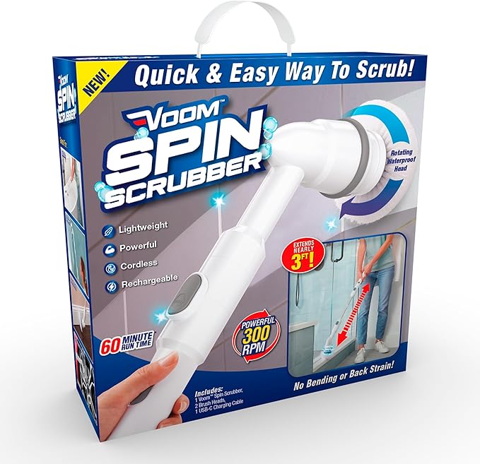 Voom Electric Spin Scrubber, Cordless Shower Spinning Brush with 2 Replaceable Brush Heads & Adjustable Handle, Rechargeable Spinning Brush for Cleaning Bathroom Tub, Floor & Wall Tiles, Car Wheels