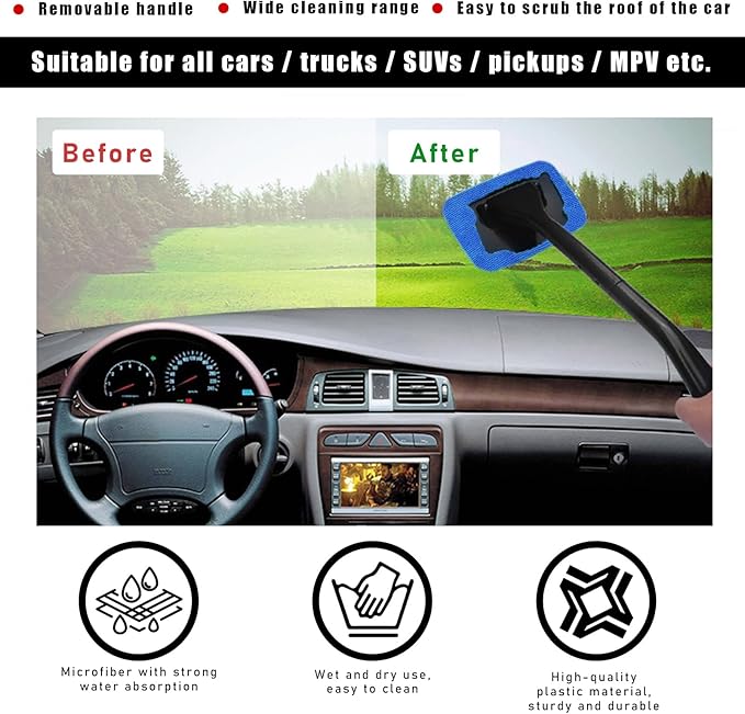 Ohleats Car Windshield Cleaning Tool, Microfiber Window Cleaner with 4 Washable and Reusable Cloth Pad & Long Handle, Auto Glass Wiper Cleaning Kit with Spray Bottle, Car Accessories