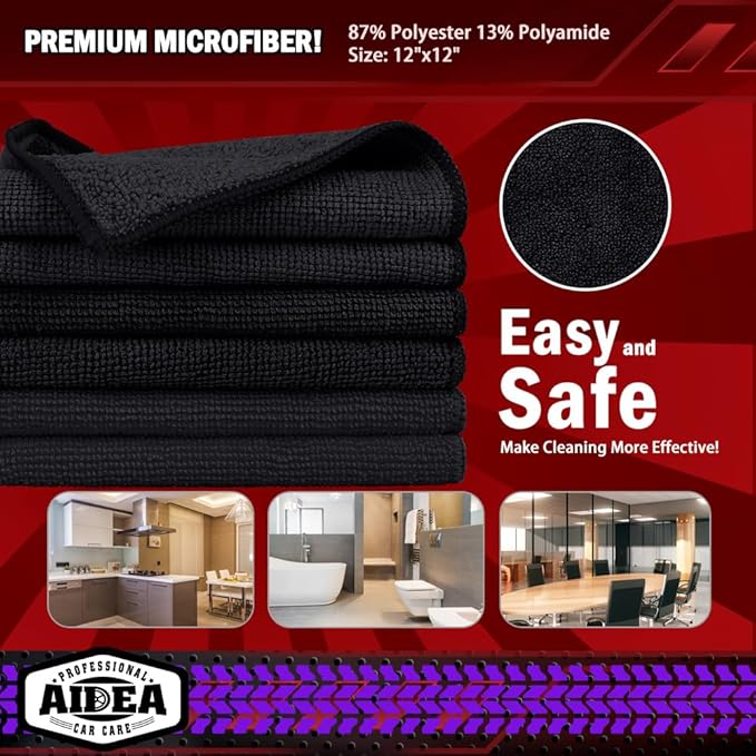 AIDEA Microfiber Cleaning Cloth Black, 600PK, Microfiber Towels for Cars, Shop Towels Cleaning Rags, Premium Wash Cloths, Absorbent Towel for SUVs, House, Kitchen, Commercial, Cleaning Supplies 12×12"