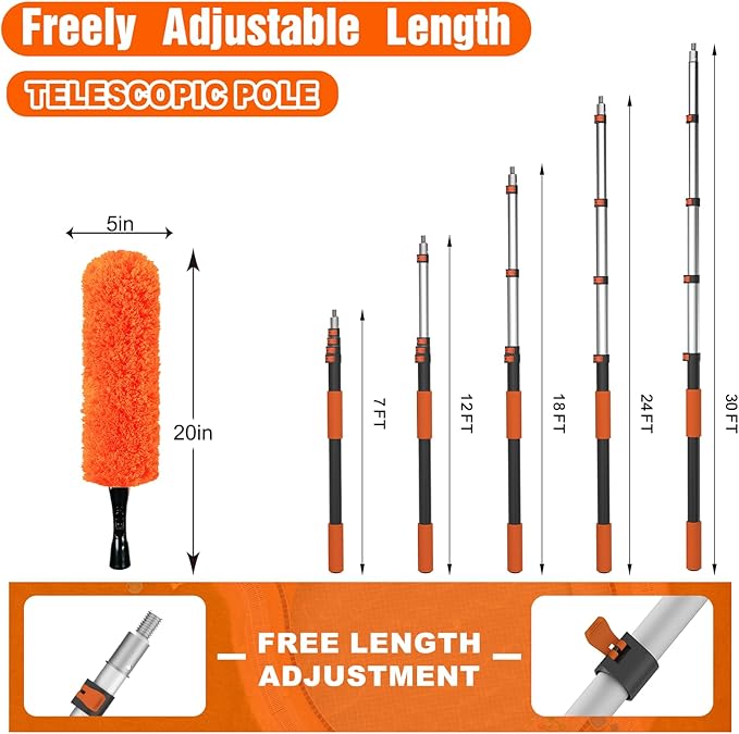 SISUPASSIE 36FT Reach High Ceiling Duster Kit, Window Cleaning kit with 7-30FT Extension Pole, Fan Duster for Ceiling Fan Blades, Microfiber Feather Duster, Rotatable Window Squeegee and Cobweb Duster