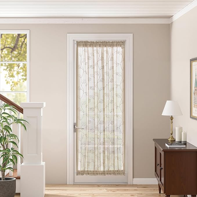 jinchan French Door Curtain Privacy Rustic Leaf Embroidered Semi Sheer Voile Front Curtain for Window Doorway Closet, Door Panel with Tieback Rod Pocket 1 Panel 55W x 72L Inch Beige